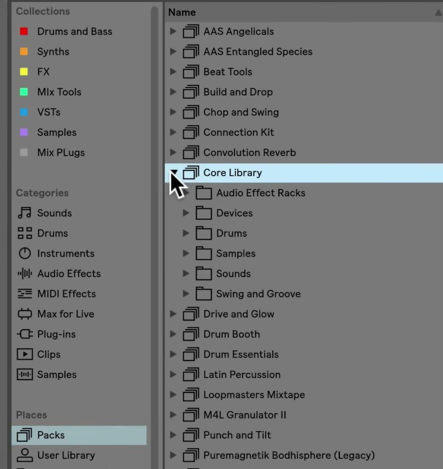 Ableton Live Browser with the Packs label selected and the Core Library expanded to show example content folders